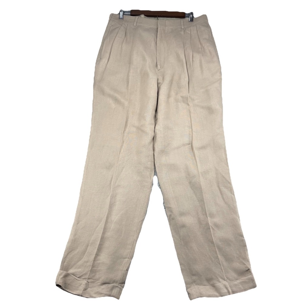 Corbin OTC Pants Mens 34 Khaki Irish‎ Linen Viscose Blend Pleated Cuffed